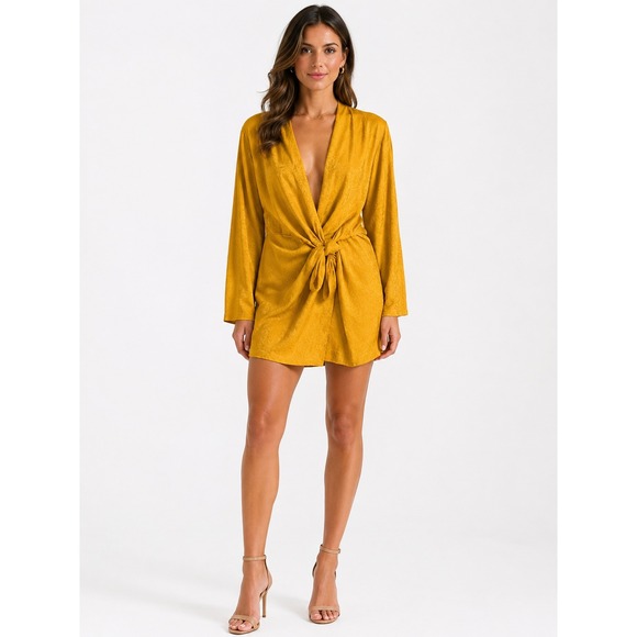 Zara Dresses & Skirts - Zara Mustard Yellow Jacquard Floral Front Knot Plunging Mini Dress or Top Boho